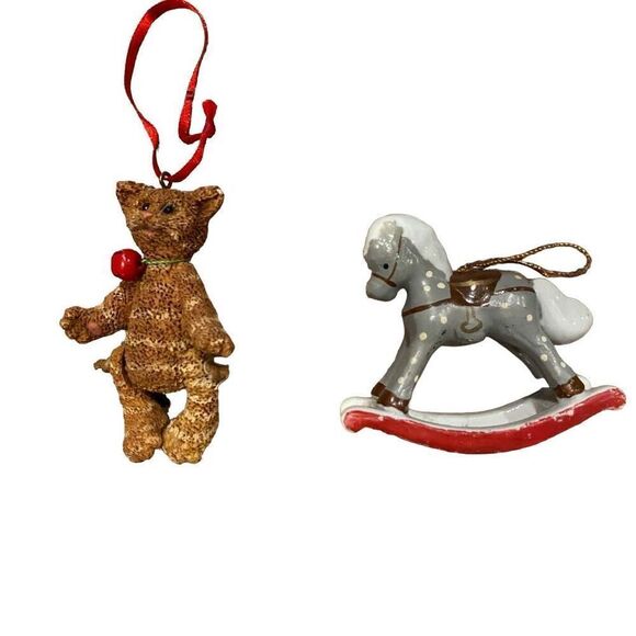 Kurt Adler Other - Vintage Kurt Adler Brown Tabby Cat and Polka Dot Rocking Horse Ornament Set of 2
